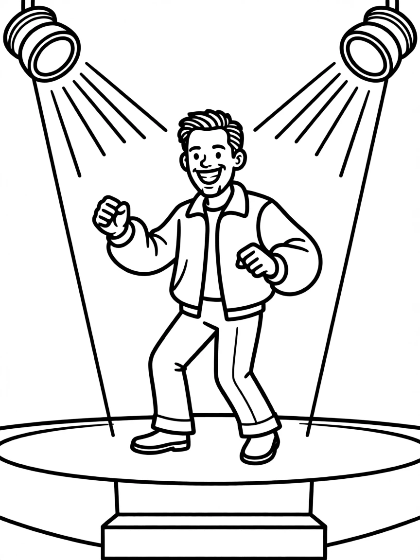 Will Smith dancing on a stage with spotlights and fun outfits.