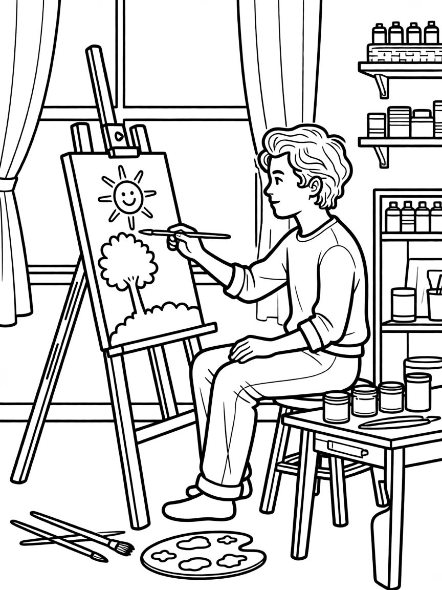 Harry Styles painting a picture at an art studio.
