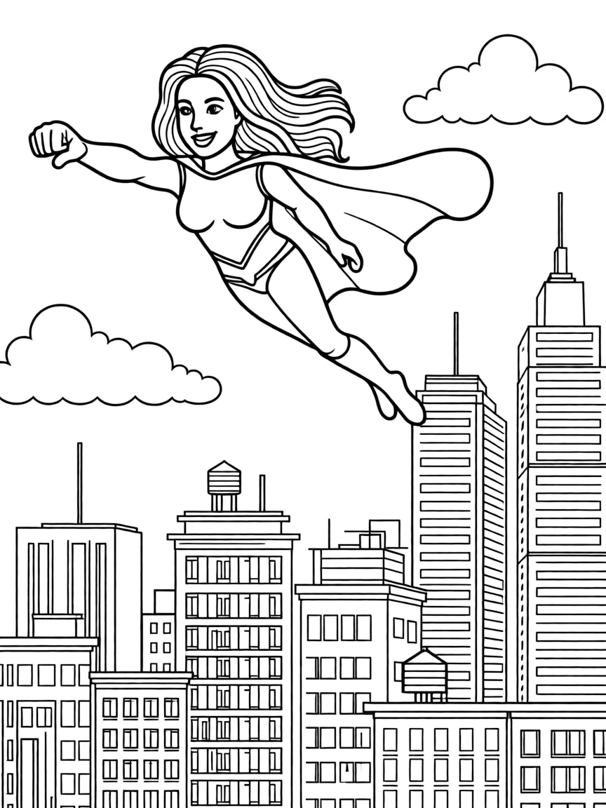 Shakira wearing a superhero cape and flying over a cityscape.