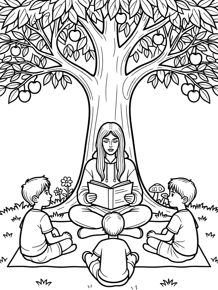 Billie Eilish reading a storybook to children under a tree.