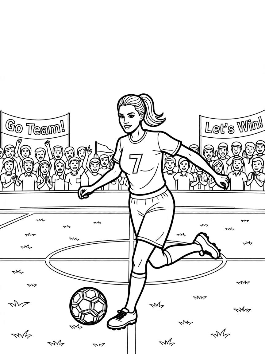 Angelina Jolie playing soccer on a field with cheering fans in the stands.