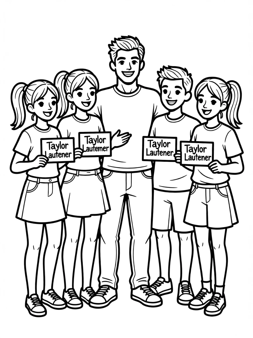 Taylor Lautner posing with cartoon versions of their fans.