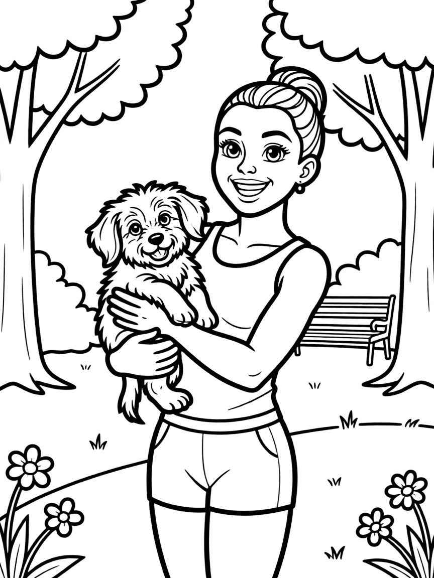Simone Biles smiling and holding a puppy with a park background.