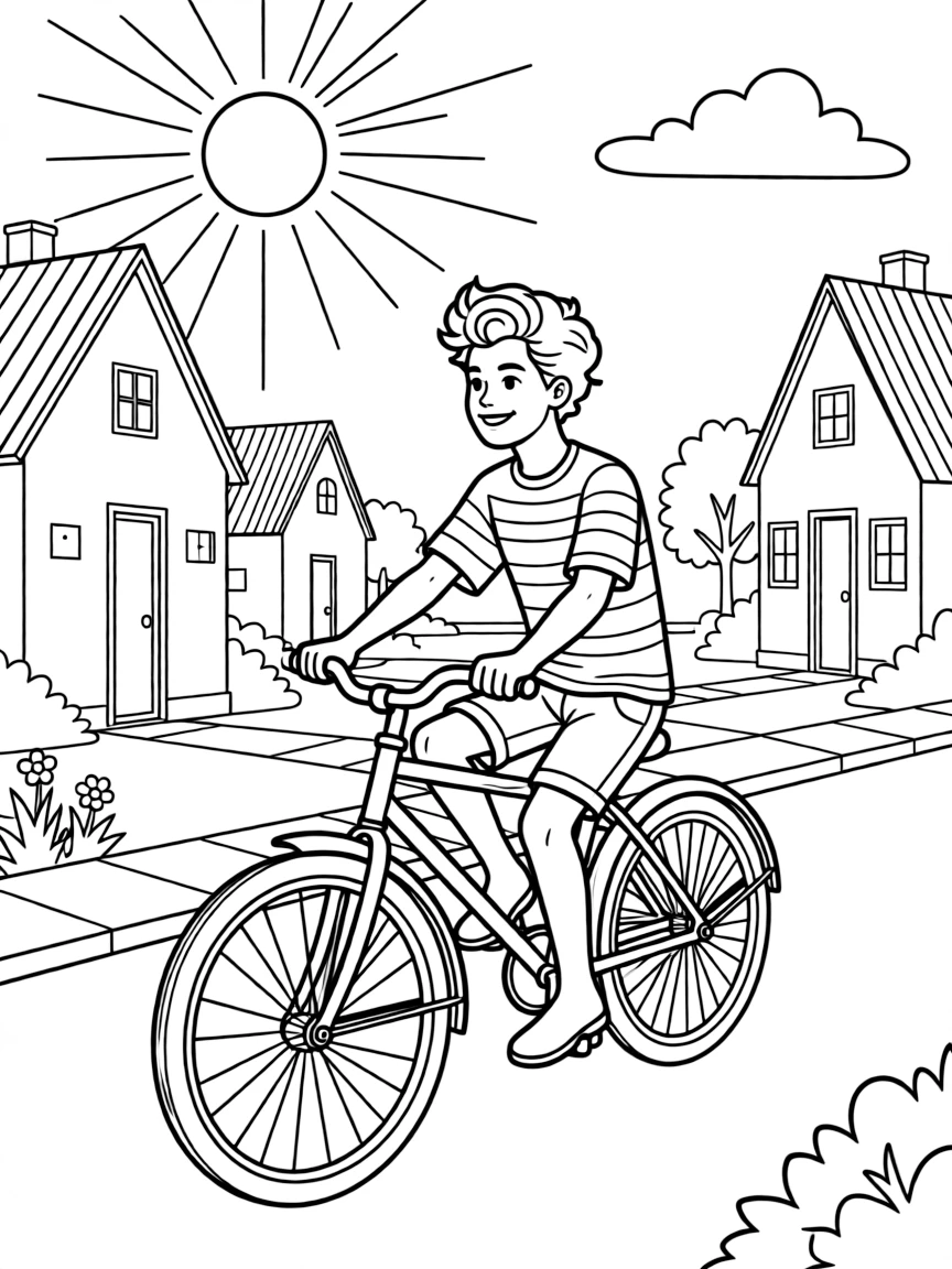 Harry Styles riding a bicycle through a sunny neighborhood.