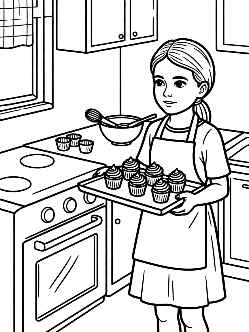 Greta Thunberg baking cupcakes in a colorful kitchen.