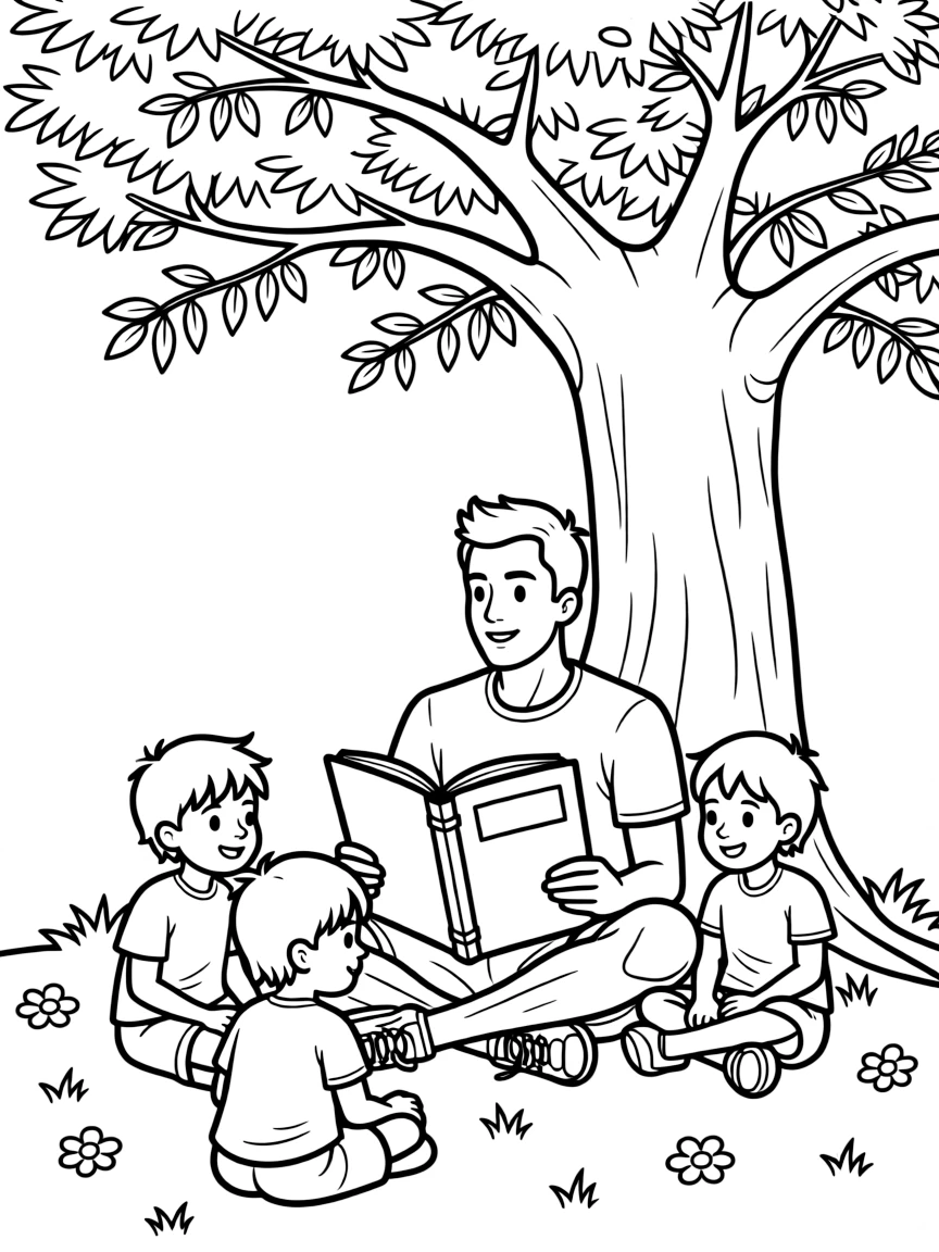 Michael Jordan reading a storybook to children under a tree.