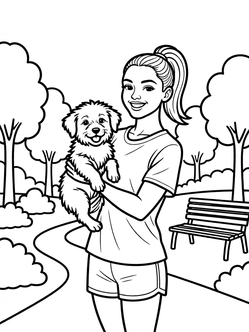 Simone Biles smiling and holding a puppy with a park background.
