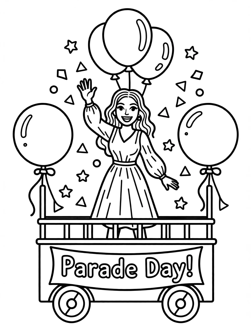 Cardi B waving from a parade float with balloons and confetti.
