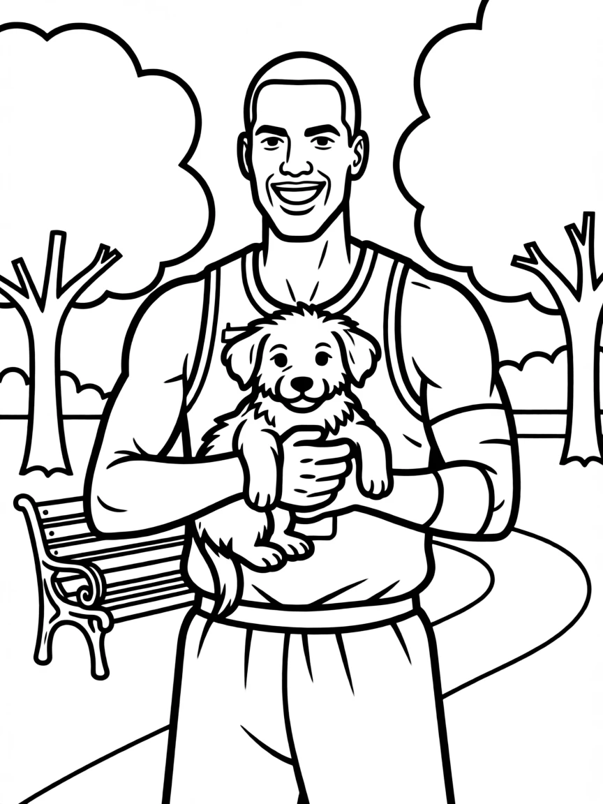 Michael Jordan smiling and holding a puppy with a park background.