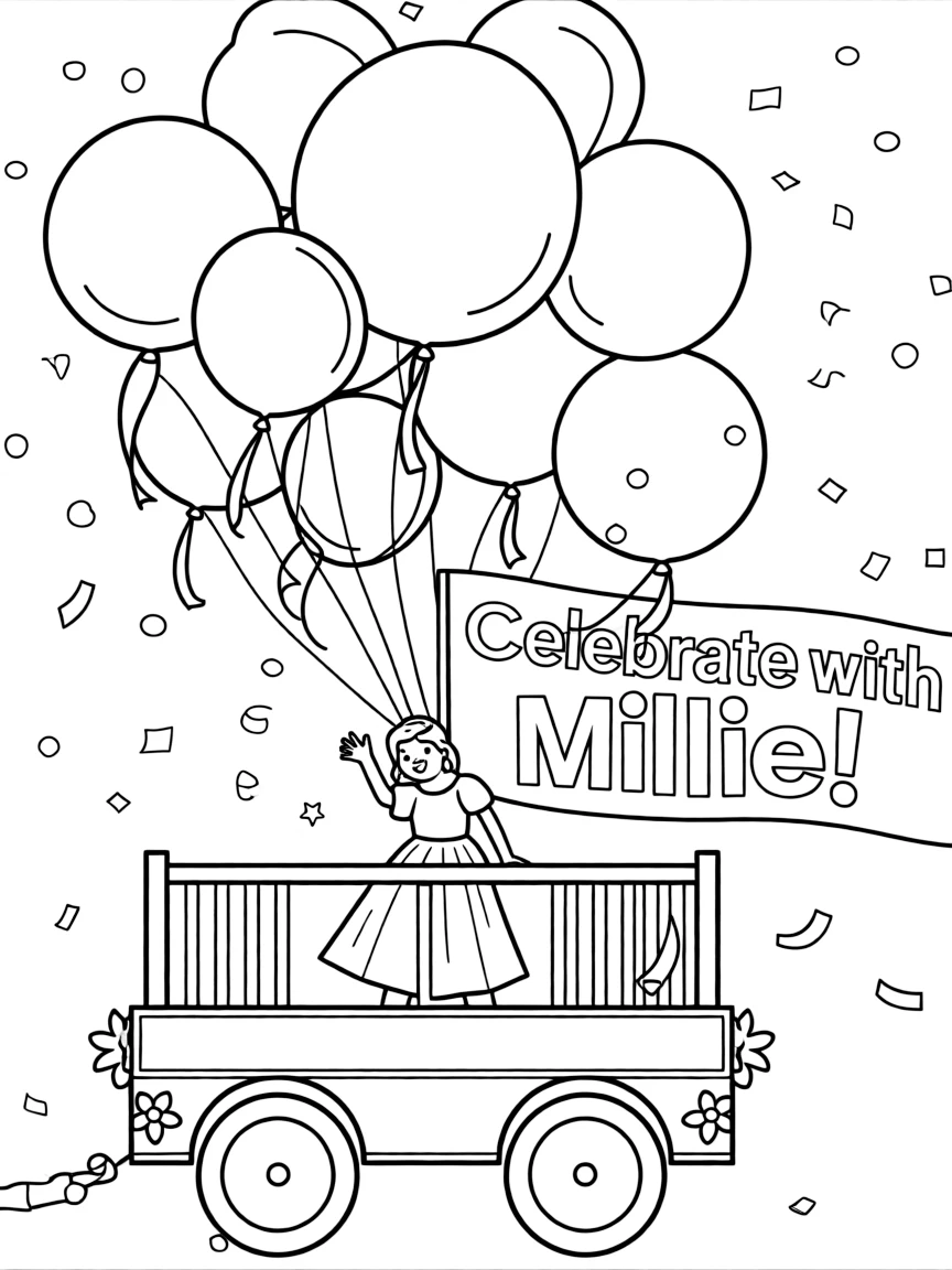 Millie Bobby Brown waving from a parade float with balloons and confetti.