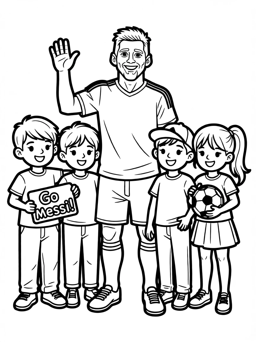 Lionel Messi posing with cartoon versions of their fans.