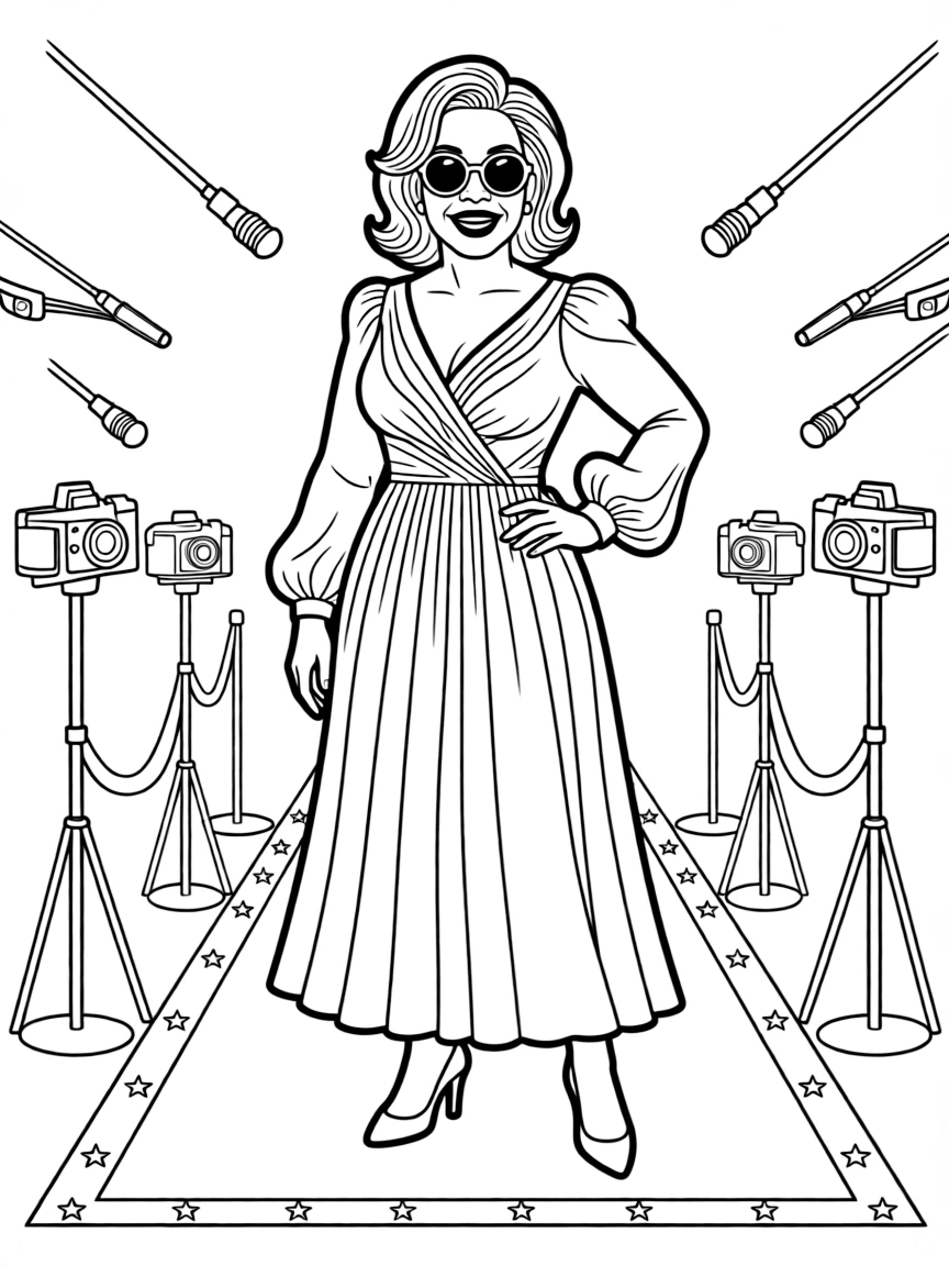 Oprah Winfrey posing with sunglasses and a cool outfit on the red carpet.