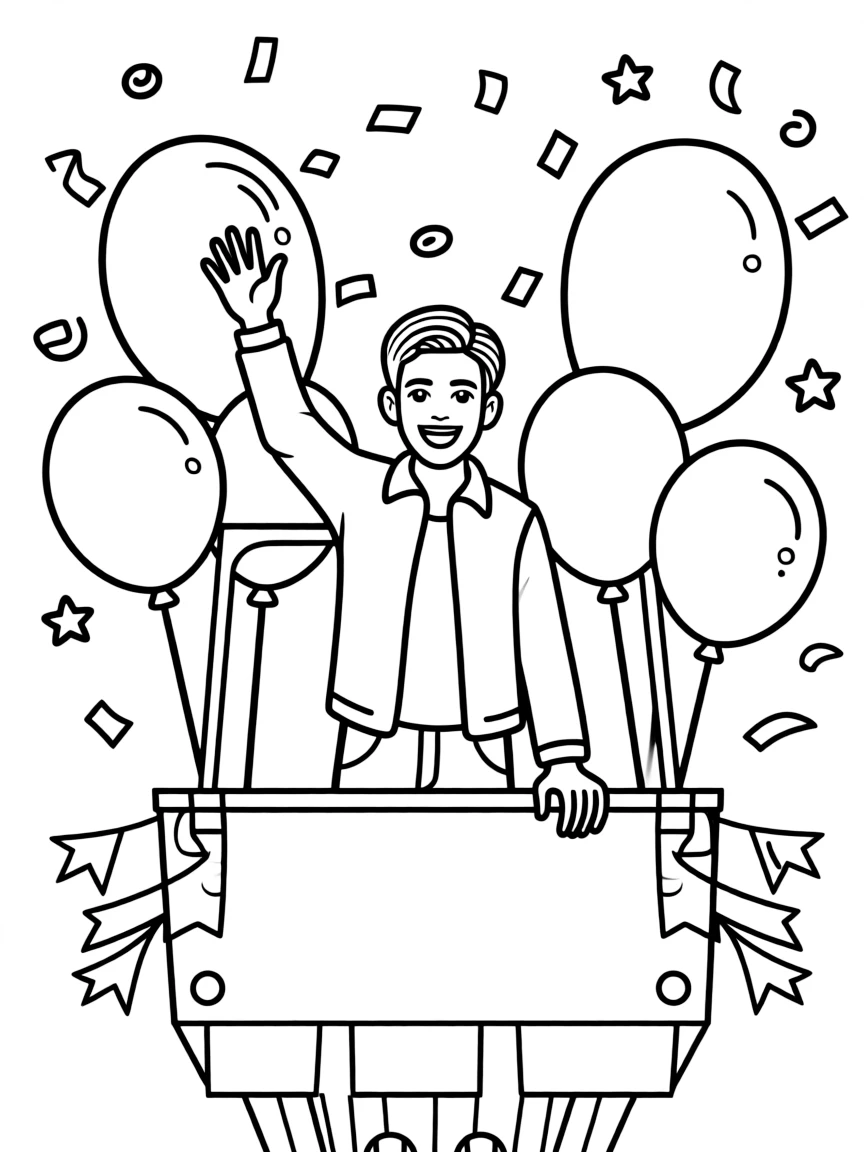 Zayn Malik waving from a parade float with balloons and confetti.