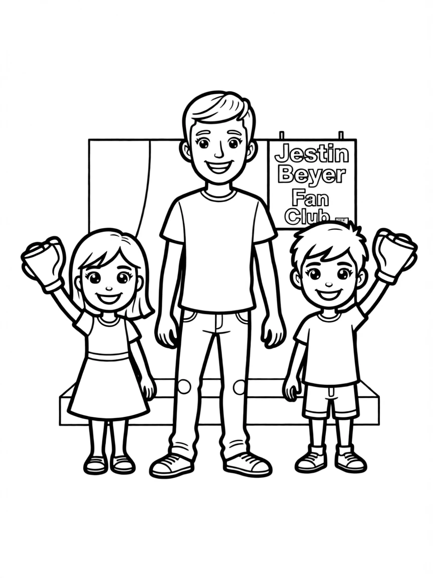 Justin Bieber posing with cartoon versions of their fans.