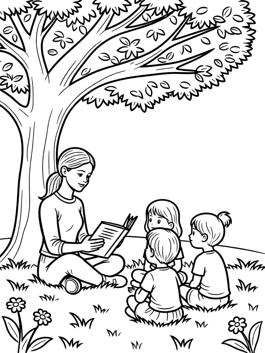 Emma Watson reading a storybook to children under a tree.