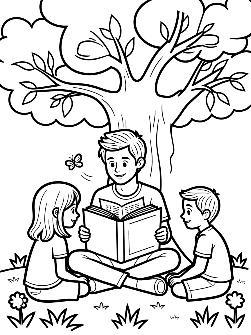 Tom Holland reading a storybook to children under a tree.