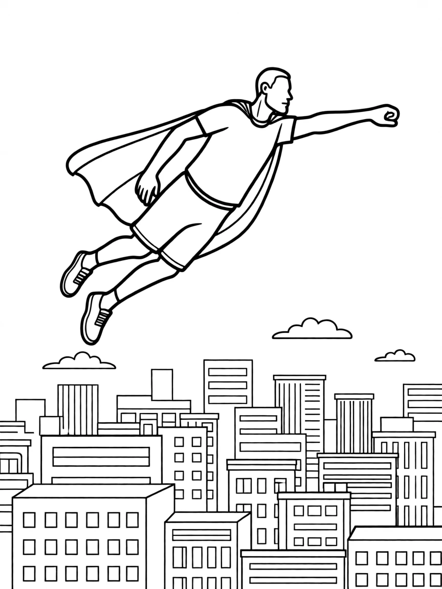 LeBron James wearing a superhero cape and flying over a cityscape.