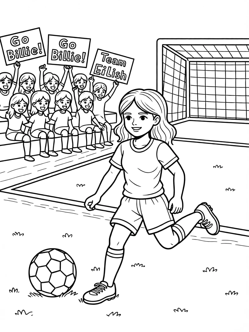 Billie Eilish playing soccer on a field with cheering fans in the stands.