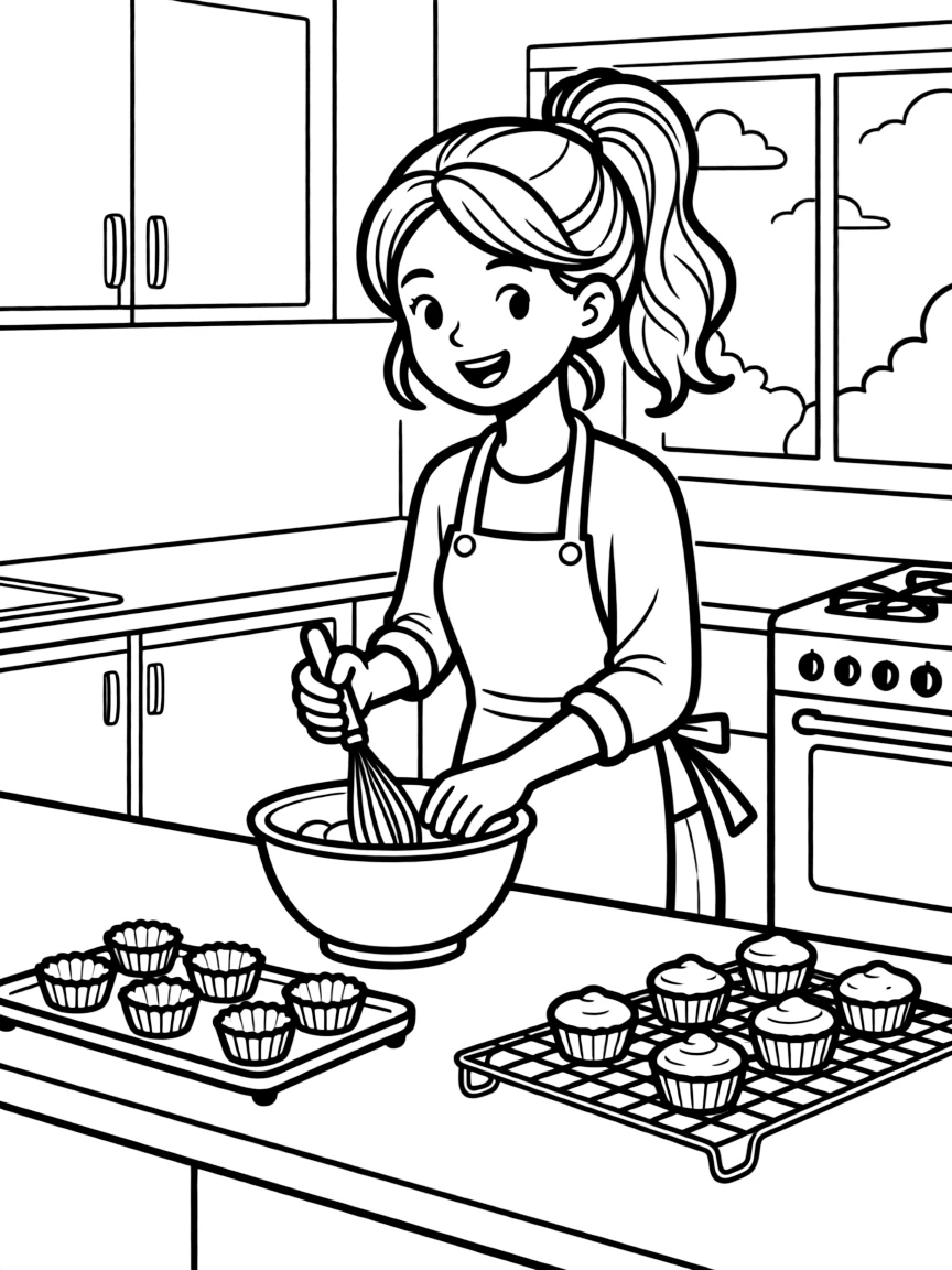 Emma Stone baking cupcakes in a colorful kitchen.