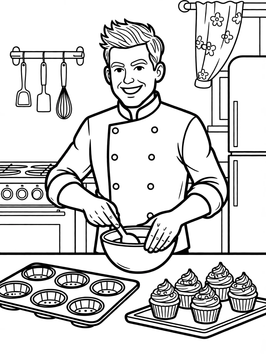 Gordon Ramsay baking cupcakes in a colorful kitchen.