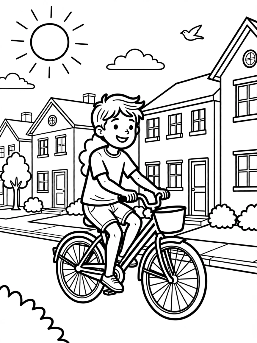 Bruno Mars riding a bicycle through a sunny neighborhood.