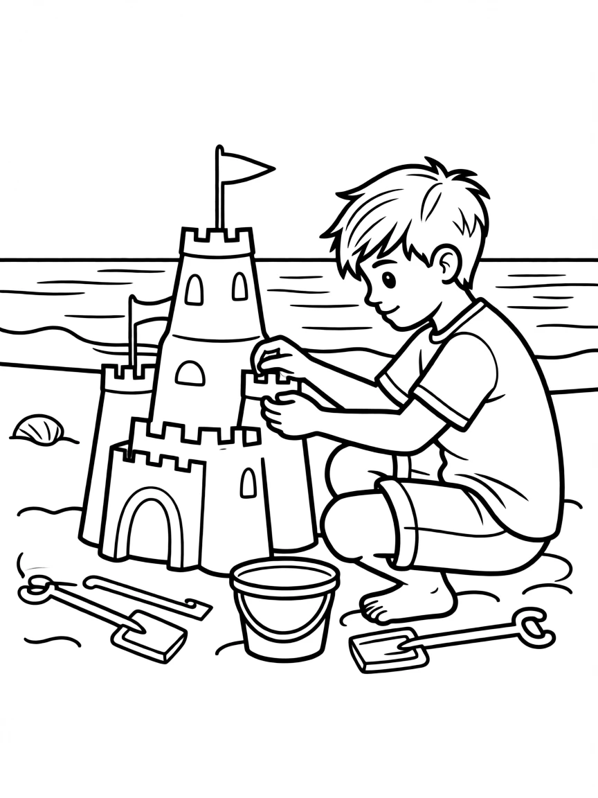 Justin Bieber building a sandcastle at the beach.