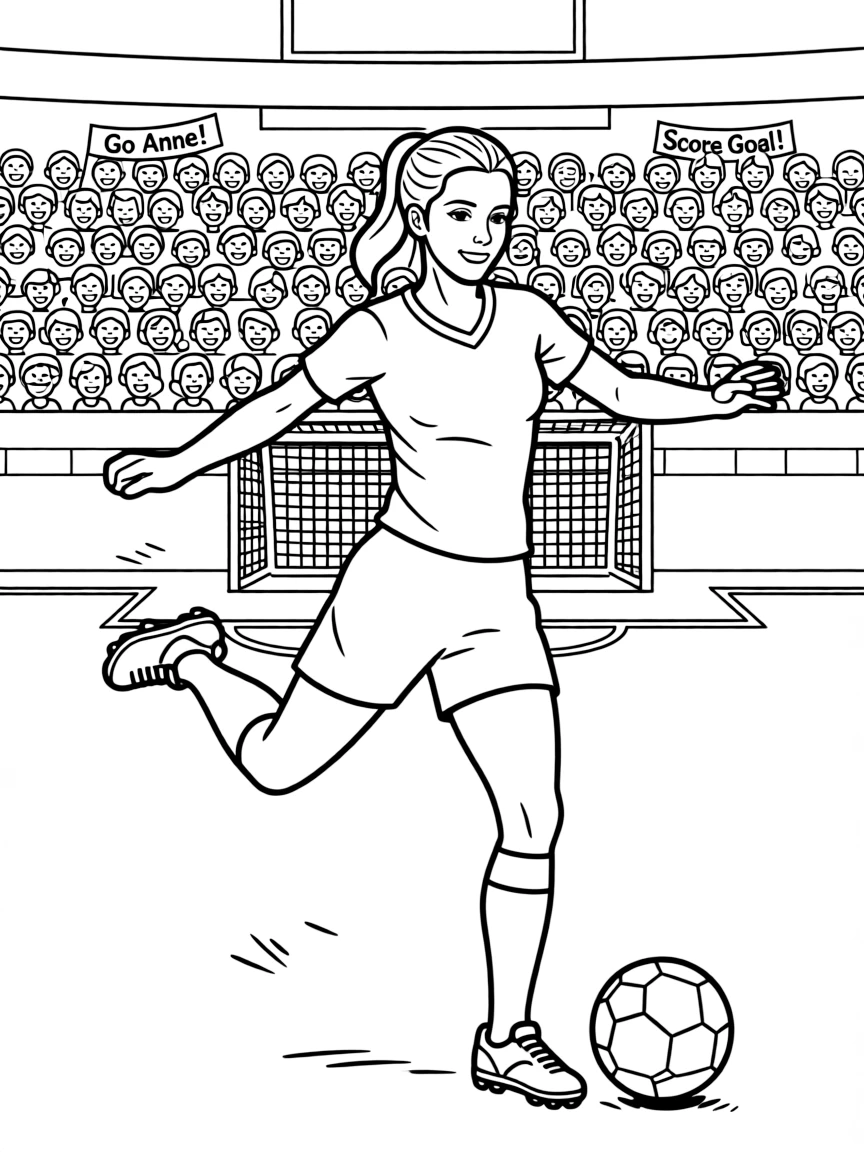 Anne Hathaway playing soccer on a field with cheering fans in the stands.