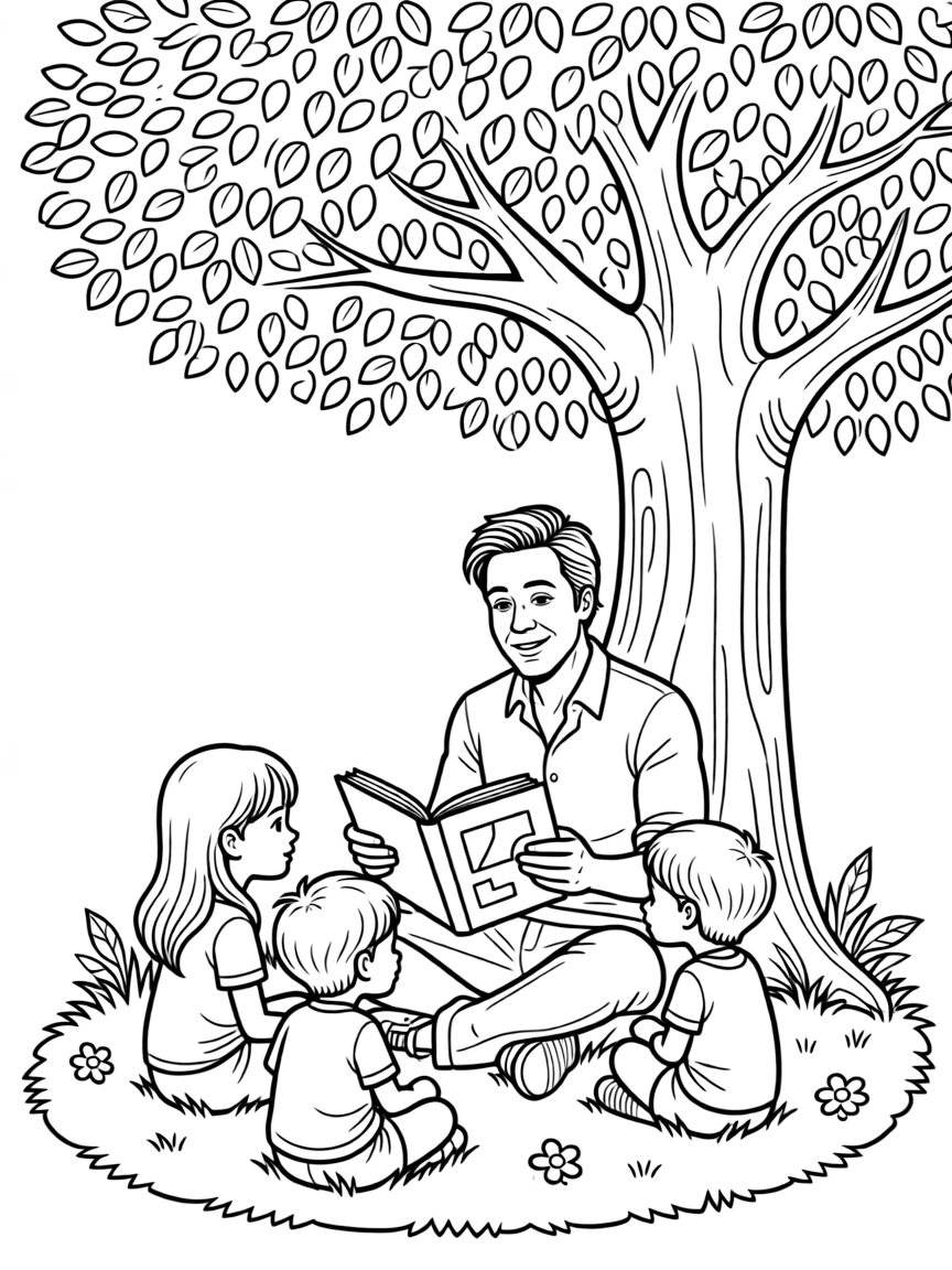 Robert Downey Jr. reading a storybook to children under a tree.