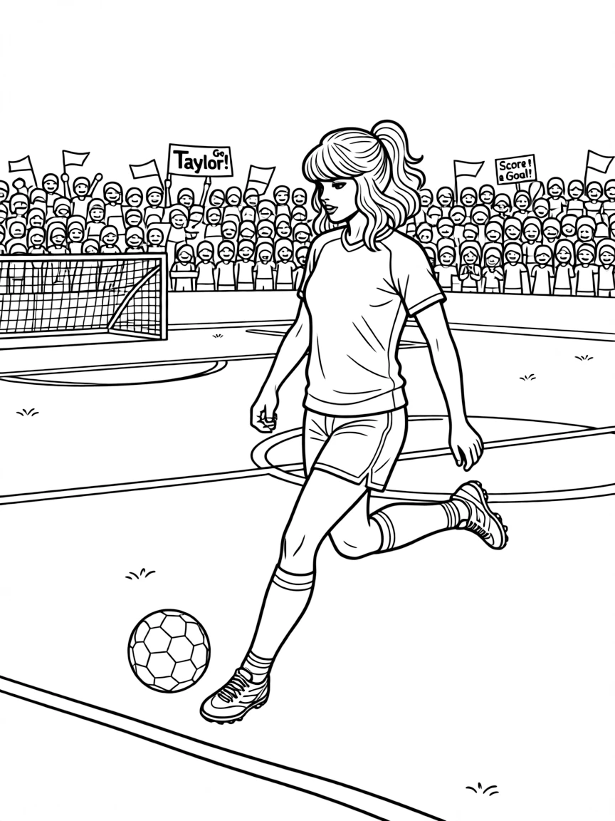 Taylor Swift playing soccer on a field with cheering fans in the stands.