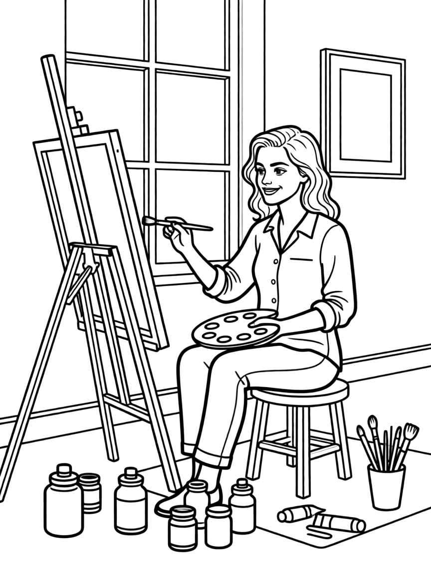 Emma Stone painting a picture at an art studio.