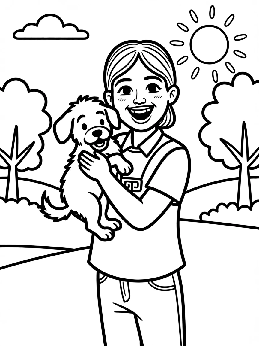 Millie Bobby Brown smiling and holding a puppy with a park background.