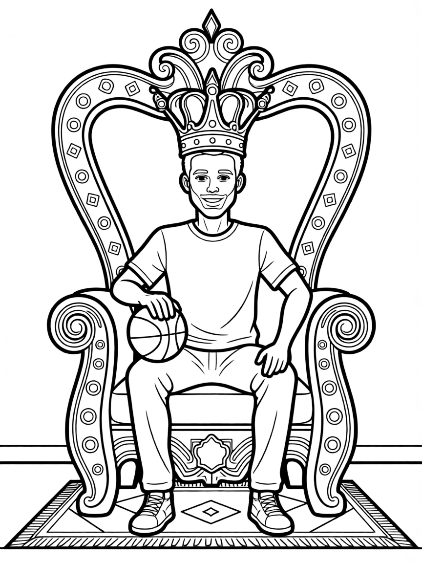 Stephen Curry sitting on a throne with a crown.