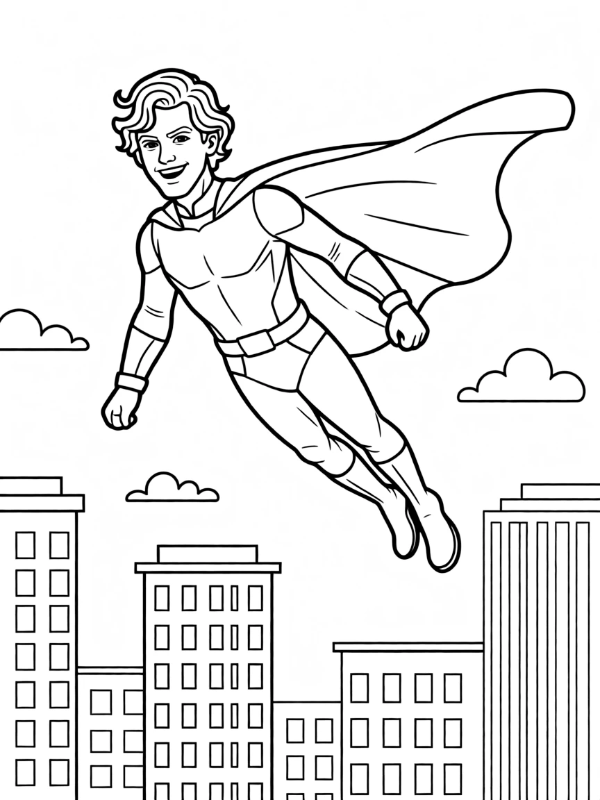 Timothée Chalamet wearing a superhero cape and flying over a cityscape.
