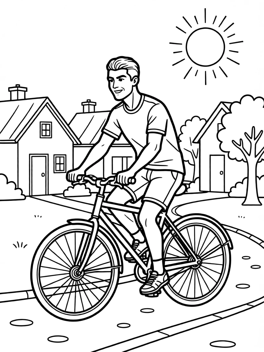 Cristiano Ronaldo riding a bicycle through a sunny neighborhood.