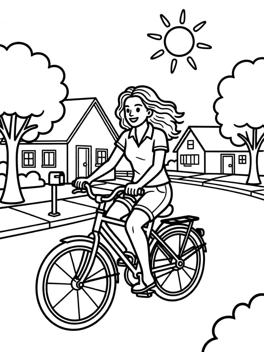 Shakira riding a bicycle through a sunny neighborhood.