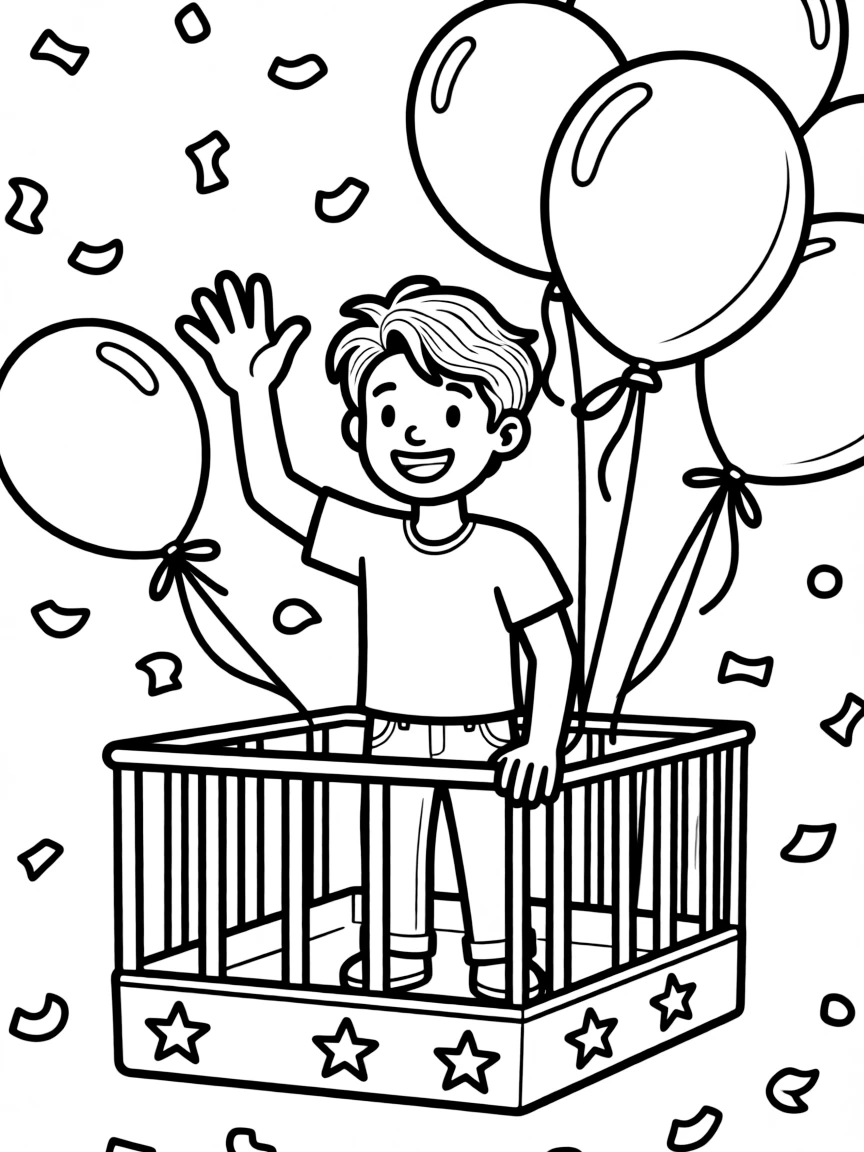 Bruno Mars waving from a parade float with balloons and confetti.