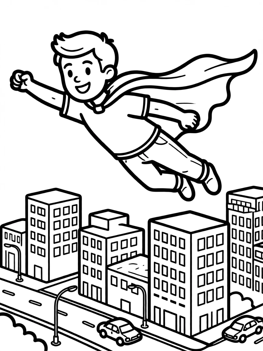 MrBeast wearing a superhero cape and flying over a cityscape.