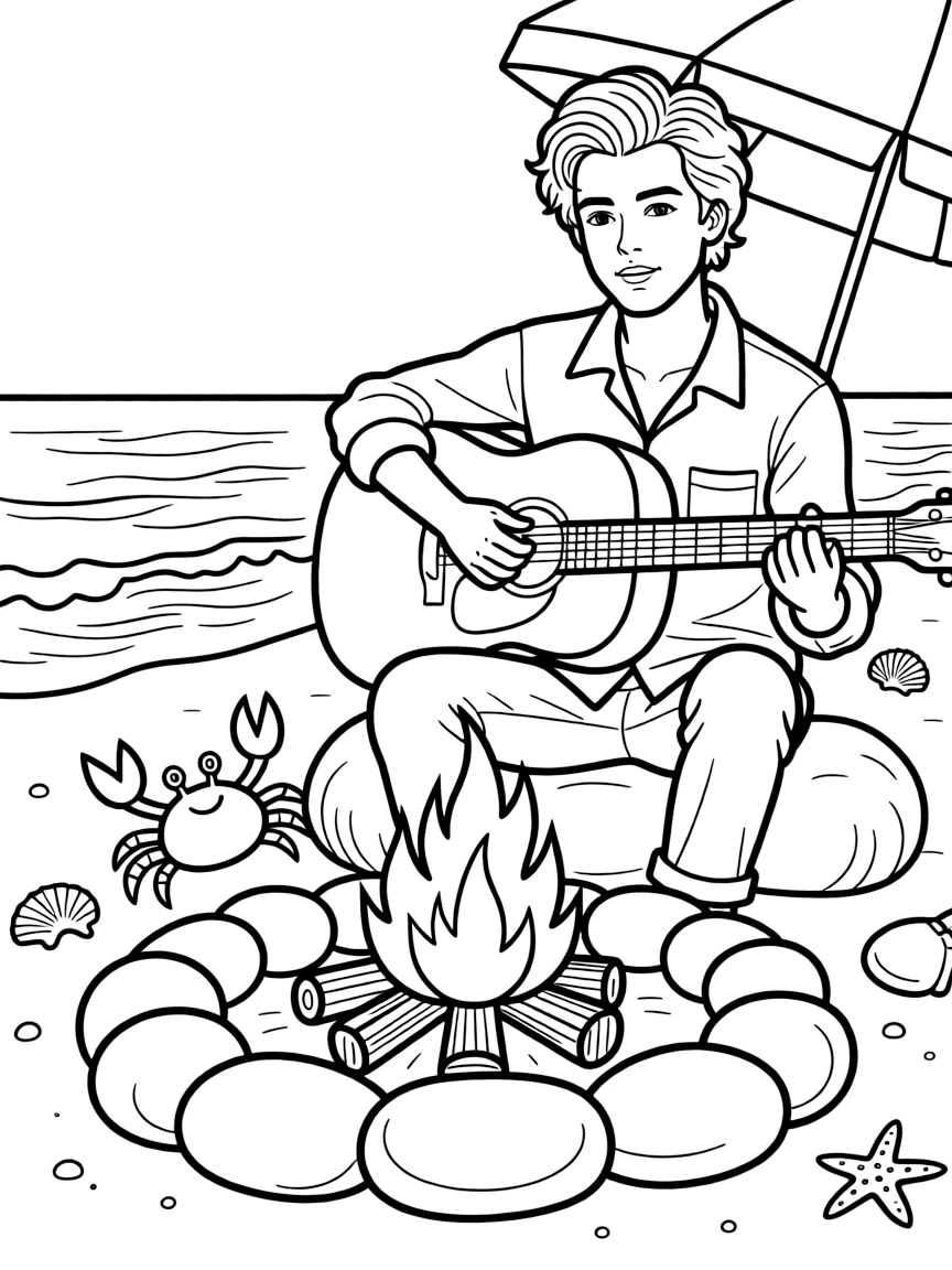 Harry Styles playing guitar at a beach bonfire.