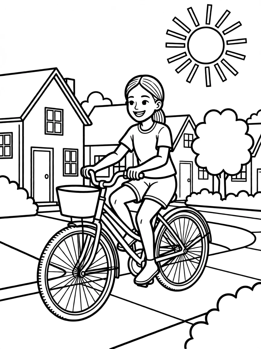 Zendaya riding a bicycle through a sunny neighborhood.