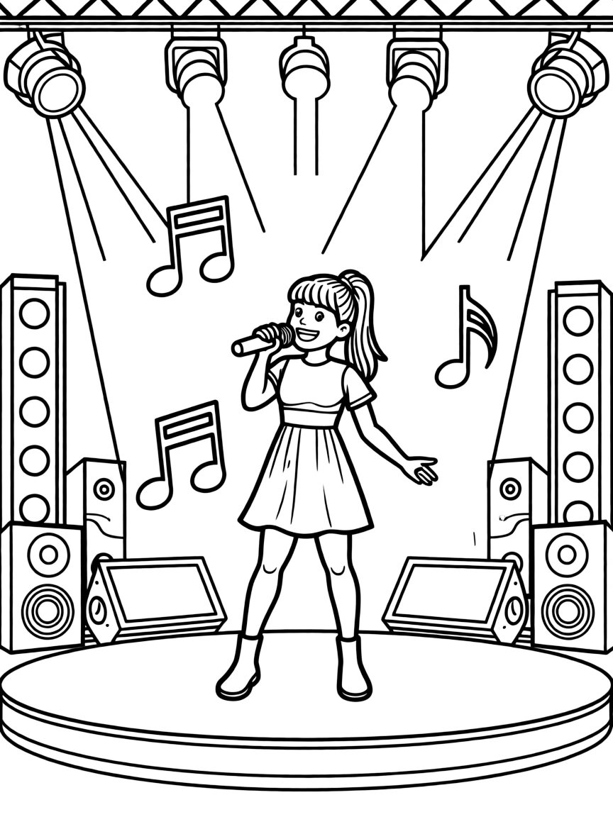 Ariana Grande singing on a big concert stage with musical notes and lights.