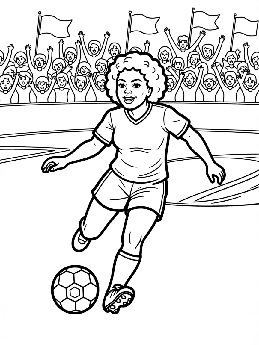 Oprah Winfrey playing soccer on a field with cheering fans in the stands.