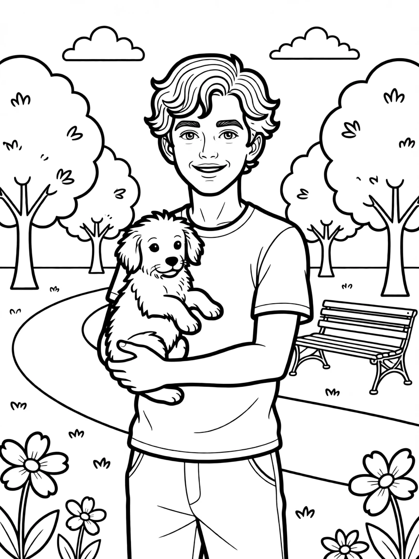 Timothée Chalamet smiling and holding a puppy with a park background.
