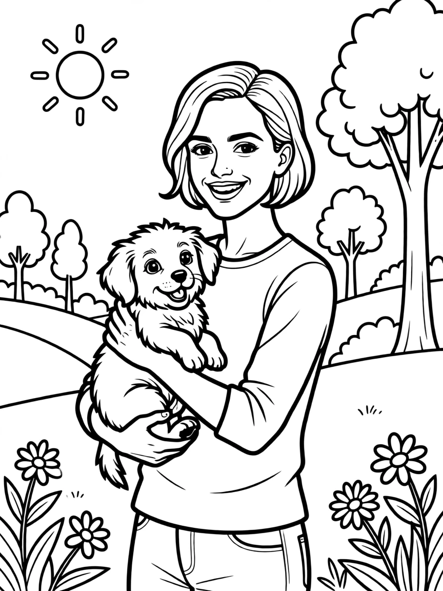 Emma Watson smiling and holding a puppy with a park background.