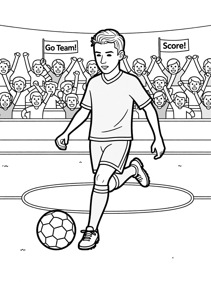 Tom Holland playing soccer on a field with cheering fans in the stands.