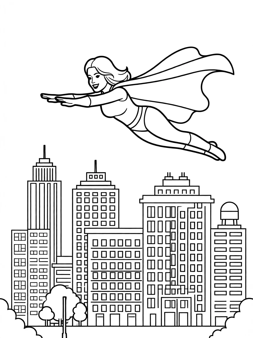 Katy Perry wearing a superhero cape and flying over a cityscape.