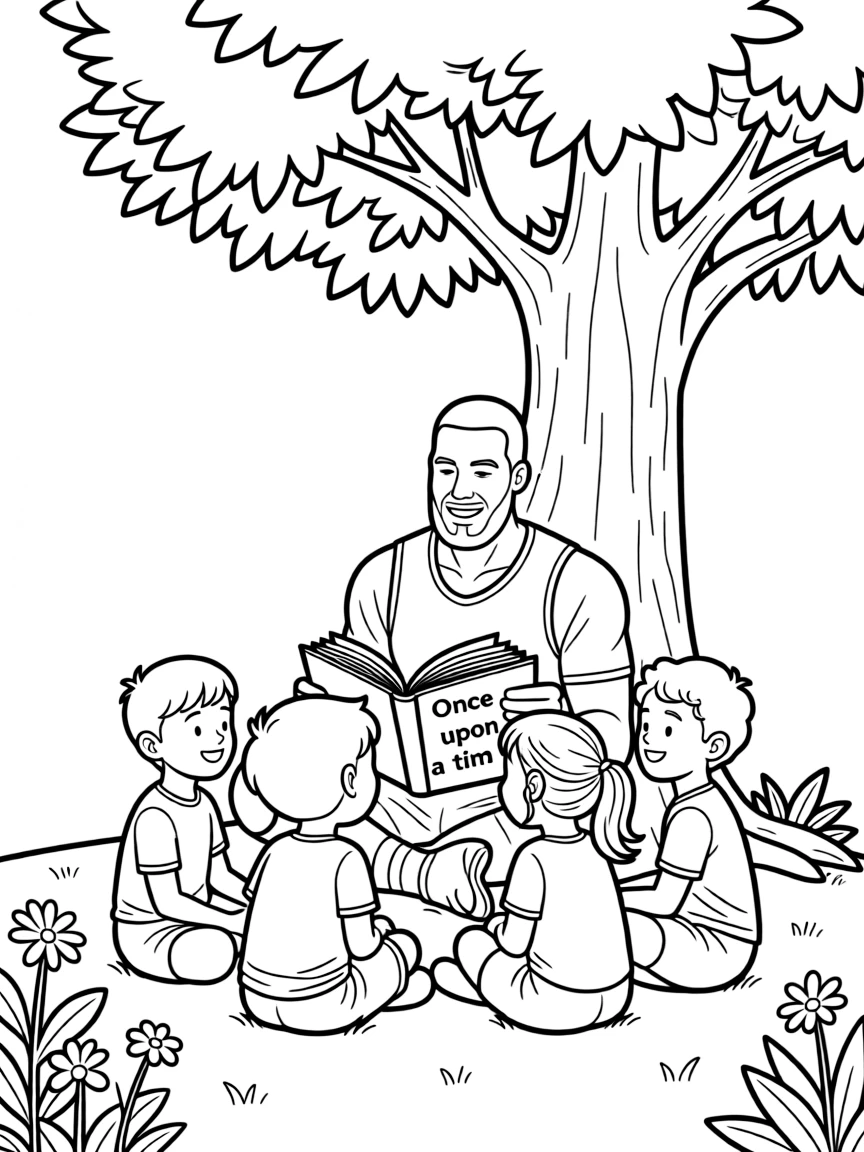 LeBron James reading a storybook to children under a tree.