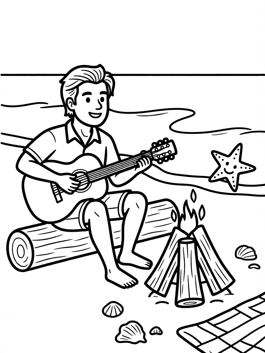Chris Hemsworth playing guitar at a beach bonfire.