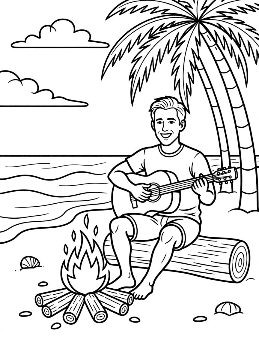 Ryan Reynolds playing guitar at a beach bonfire.