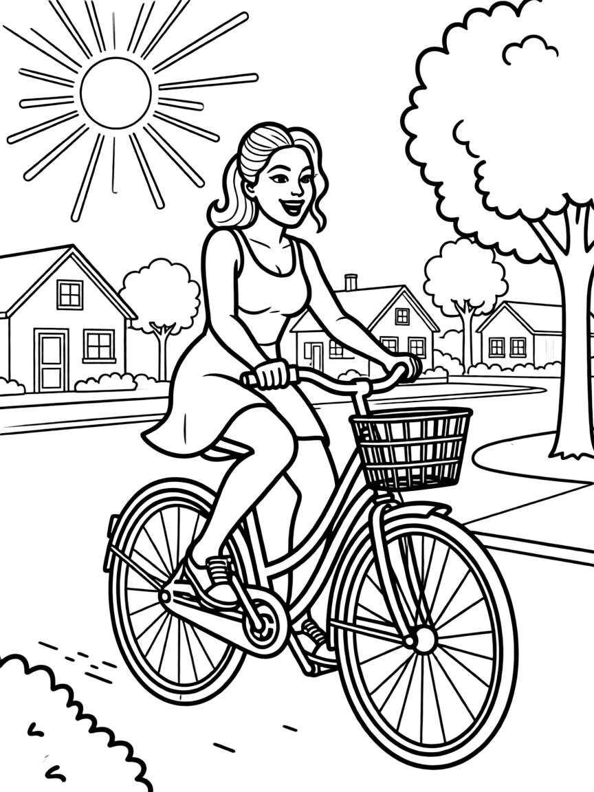 Lady Gaga riding a bicycle through a sunny neighborhood.