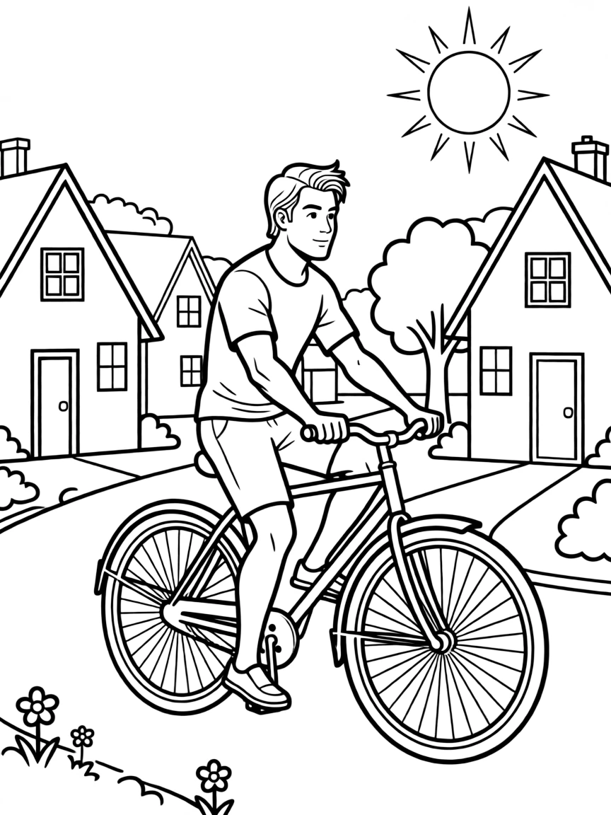 Chris Hemsworth riding a bicycle through a sunny neighborhood.